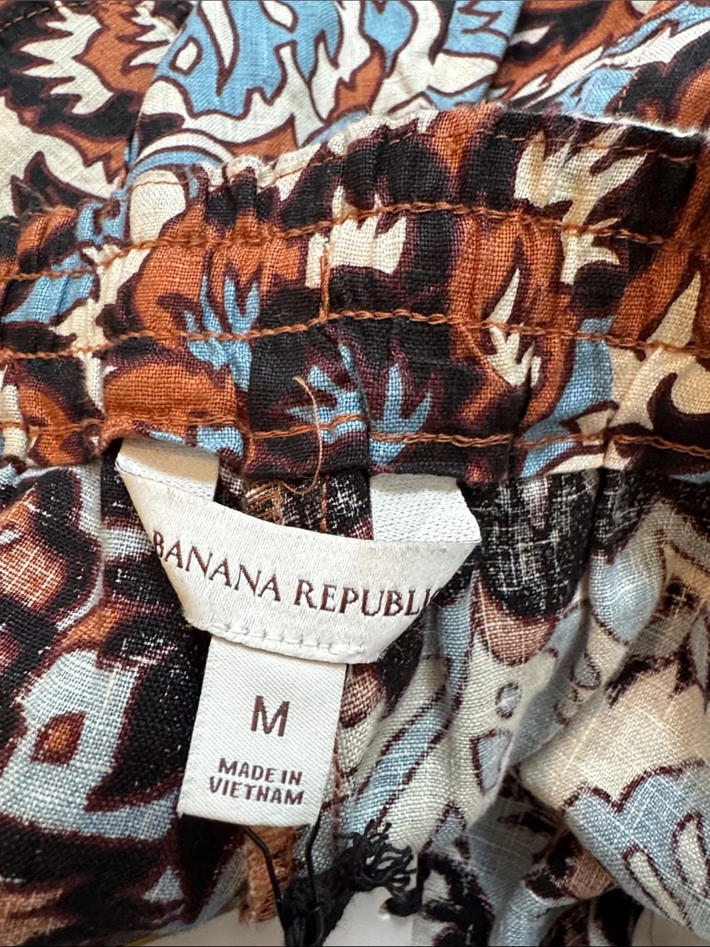 Linen Wide Leg Floral Print Pants in Blue and Brown.
